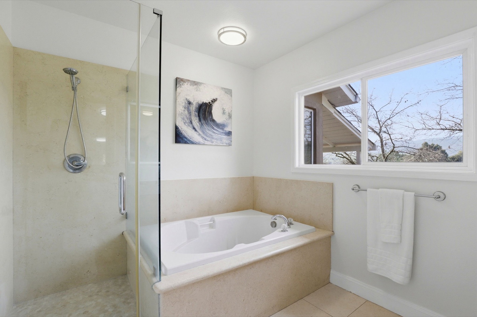 Bathroom with soaking tub and glass shower